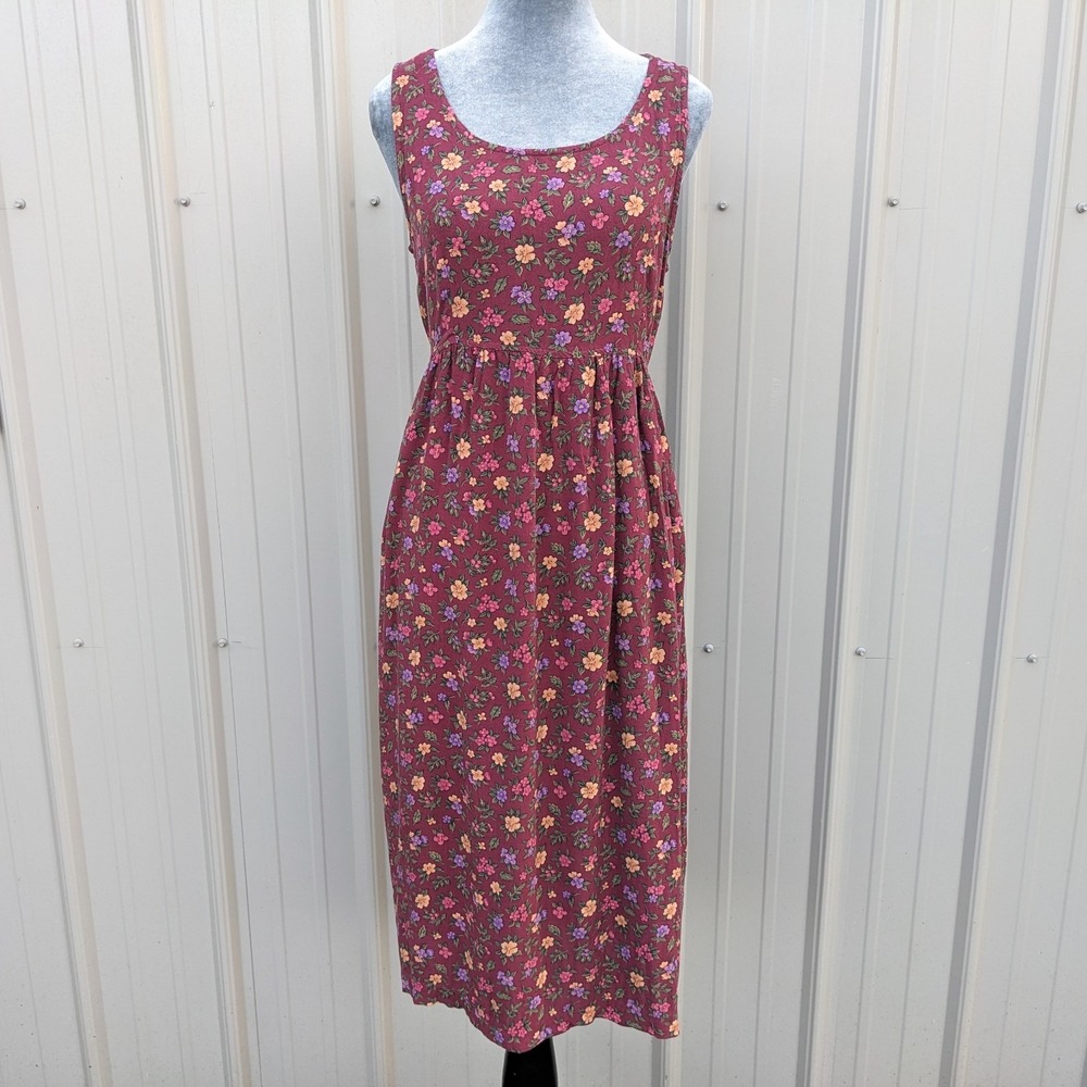 Vtg 90s Ditsy Floral Tie Back Dress Petite M Burgundy Midi Grunge Cottagecore
